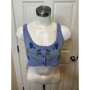 Altuzarra Blue Floral Wool Sleeveless Button Crop Top Size Large
